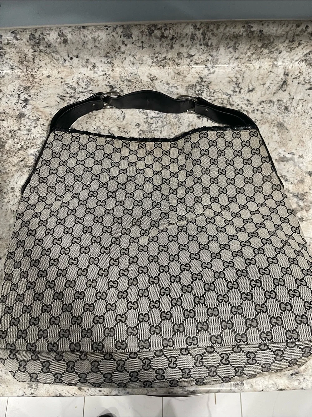 Gucci Beige & Black GG Canvas Hobo with Leather Handle